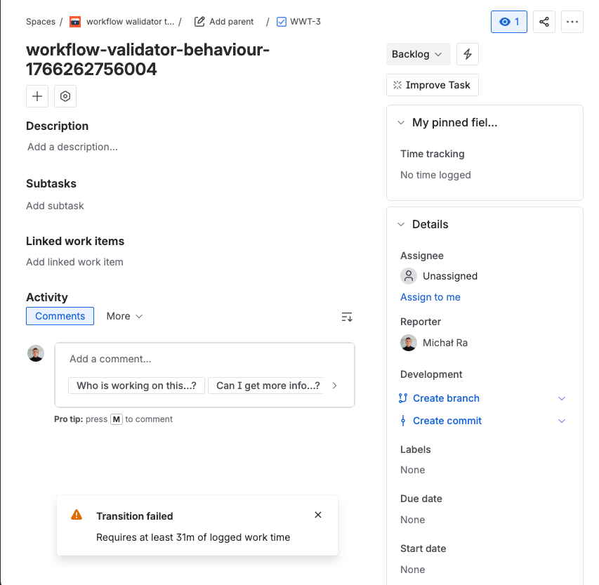 Error message shown when a user tries to transition an issue without enough logged time